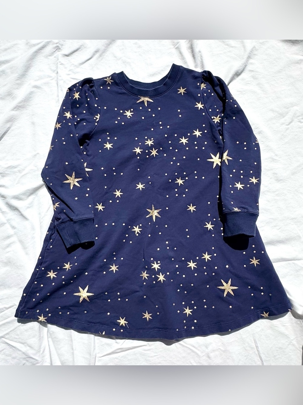 Hanna Andersson Girls' Navy Star Print Long-Sleeve Dress with pockets size 6-7